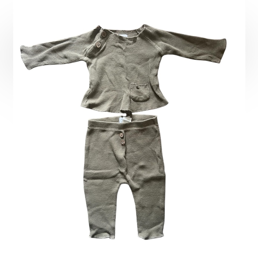 Mud Pie Olive Green Waffle Knit 2-Piece Outfit | 3-6M